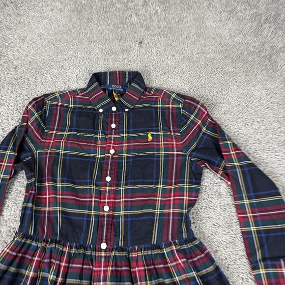 Polo Ralph Lauren Dress Girls 16 Navy Red Plaid Button Front Shirt Dress Cotton - Picture 3 of 12